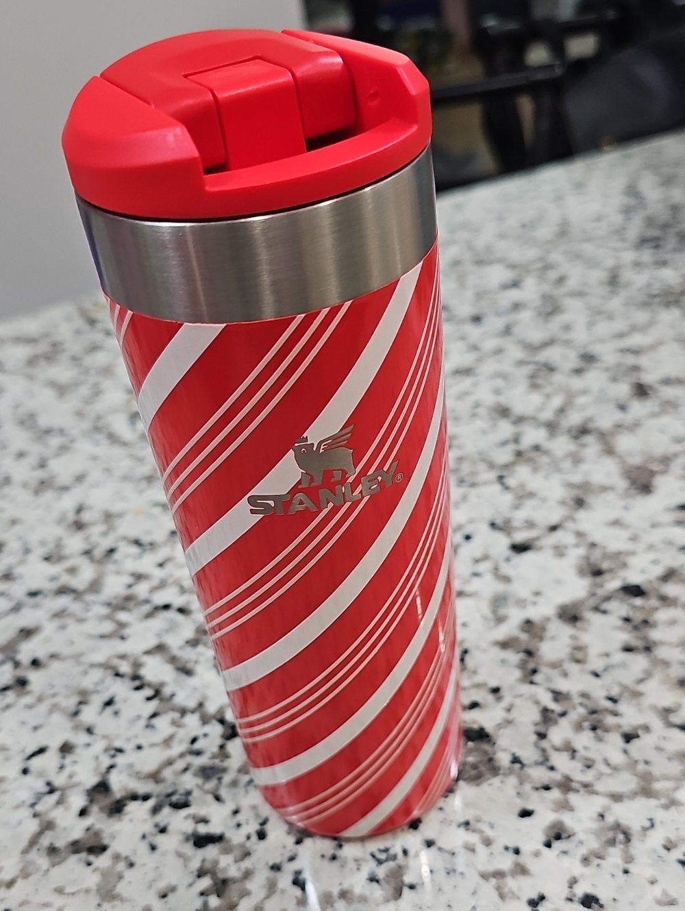 Candy Cane Stanley Red and White Striped Travel Tumbler with Flip Lid